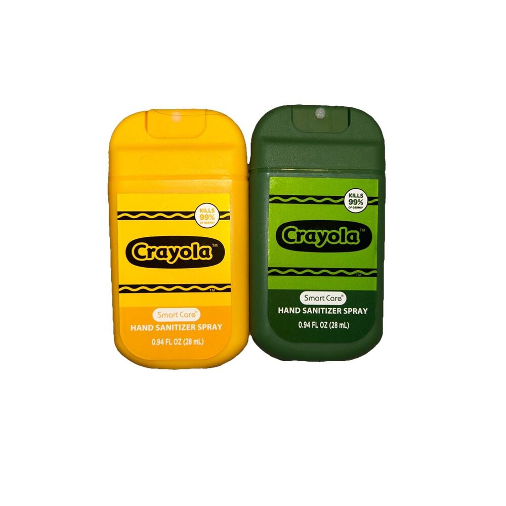 2 NEW travel size hand sanitizing spray‎ bottles Crayola Crayons green & yellow